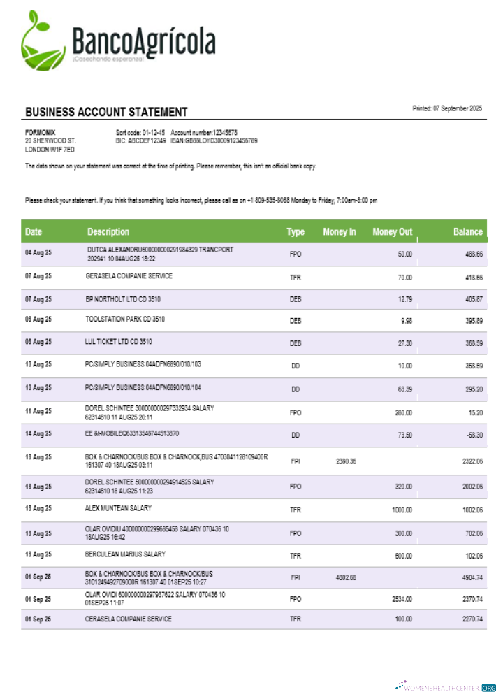 Download Banco Agricola business account statement Word and PDF template Photoshop template